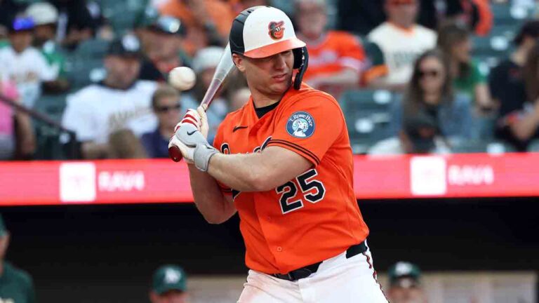 A ball nearly misses Baltimore Orioles' Pete Alonso during the eighth inning of a baseball game against the Athletics, Saturday, May 9, 2026, in Baltimore. (Daniel Kucin Jr./AP)
