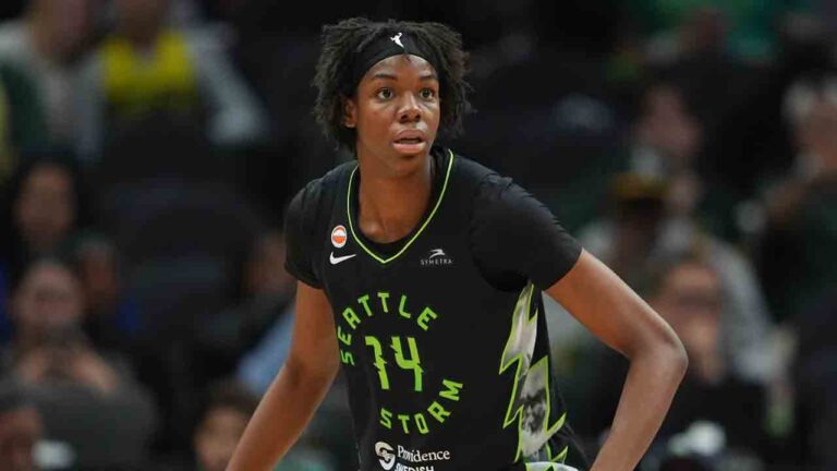 Seattle Storm center Dominique Malonga in action against the Golden State Valkyries during the second half of a WNBA basketball game, Friday, May 8, 2026, in Seattle. (Lindsey Wasson/AP)