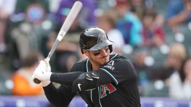 Arizona Diamondbacks third baseman Nolan Arenado (28) in the eighth inning of a baseball game Sunday, May 17, 2026, in Denver. (David Zalubowski/AP)