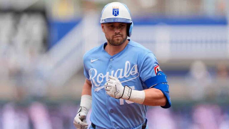 Kansas City Royals center fielder Lane Thomas runs the bases after hitting a two-run home run during the first inning of a baseball game against the San Diego Padres, Saturday, July 18, 2026, in Kansas City, Mo. (Charlie Riedel/AP)