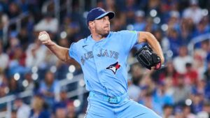 Toronto Blue Jays' Max Scherzer (31) works against the St. Louis Cardinals during first inning MLB baseball action in Toronto, on Sunday, Aug. 2, 2026. (Sammy Kogan/CP)