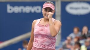 Kamilla Rakhimova celebrates a point during her 6-4 6-1 win over Venus Williams during National Bank Open action in Toronto on Sunday, August 2, 2026. THE CANADIAN PRESS/Chris Young