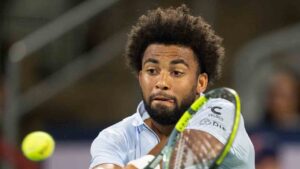 Arthur Fils of France hits a return to Cameron Norrie of Great Britain during round of sixteen tennis action at the National Bank Open in Montreal on Saturday, Aug. 8, 2026. (Christinne Muschi/CP)