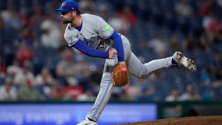 Toronto Blue Jays' Matt Waldron plays during a baseball game Friday, Aug. 7, 2026, in Philadelphia. (AP Photo/Matt Slocum)