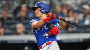 Toronto Blue Jays' Kazuma Okamoto hits a single during the fourth inning of a baseball game against the New York Yankees Friday, Aug. 21, 2026, in New York. (Frank Franklin II/AP)