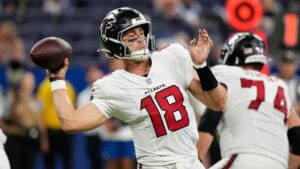 Atlanta Falcons quarterback Jack Strand (18) throws against the Indianapolis Colts during the second half of an NFL football game in Indianapolis, Saturday, Aug. 22, 2026. (AP Photo/Nam Y. Huh)