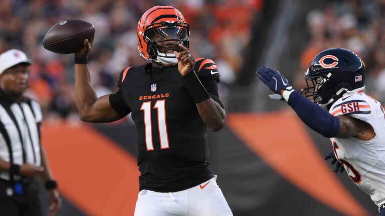 Cincinnati Bengals quarterback Josh Johnson (11) looks to throw during the first half of a preseason NFL football game against the Chicago Bears on Saturday, Aug. 22, 2026, in Cincinnati. (Tanner Pearson/AP)