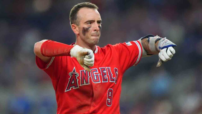Los Angeles Angels' Zach Neto reacts to hitting a triple during the 8th inning of a baseball game against the Texas Rangers, Saturday, Aug. 22, 2026, in Arlington, Texas. (LM Otero/AP)
