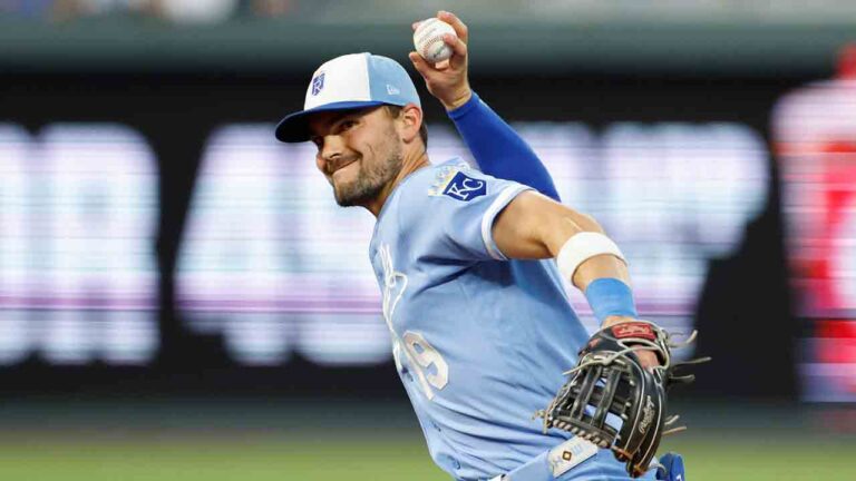 Kansas City Royals second baseman Michael Massey throws to first base for an out after fielding a ground ball by Detroit Tigers' Max Clark during the eighth inning of a baseball game in Kansas City, Mo., Saturday, Aug. 22, 2026. (Colin E. Braley/AP)