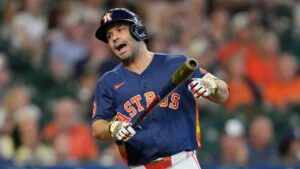 Houston Astros' Jose Altuve reacts after hitting a line out to end the sixth inning of a baseball game against the Athletics Sunday, Aug. 23, 2026, in Houston. (David J. Phillip/AP)