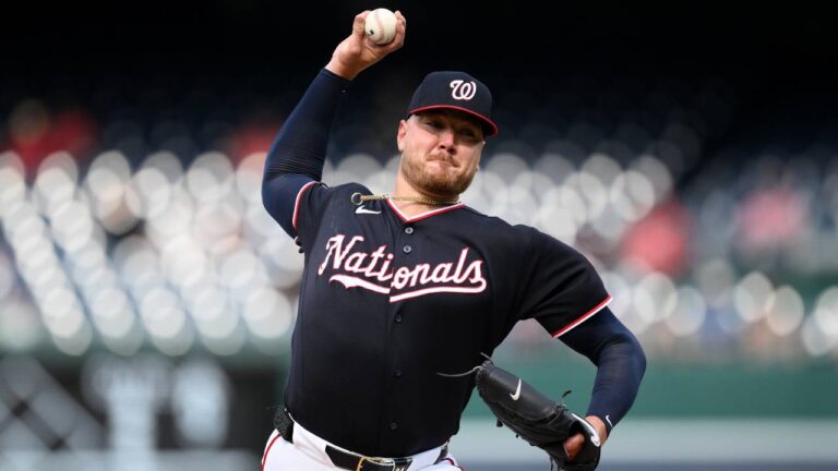 Washington Nationals pitcher Cade Cavalli throws during the first inning of a baseball game against the Chicago Cubs, Thursday, Aug. 13, 2026, in Washington. (Nick Wass/AP)