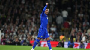 Chelsea's Morgan Rogers celebrates after scoring during the English Premier League soccer match between Fulham and Chelsea in London, Monday, Aug. 24, 2026. (Kirsty Wigglesworth/AP)