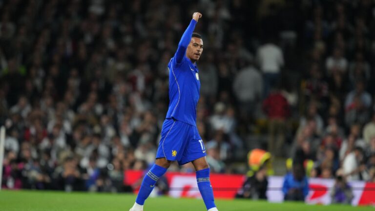 Chelsea's Morgan Rogers celebrates after scoring during the English Premier League soccer match between Fulham and Chelsea in London, Monday, Aug. 24, 2026. (Kirsty Wigglesworth/AP)