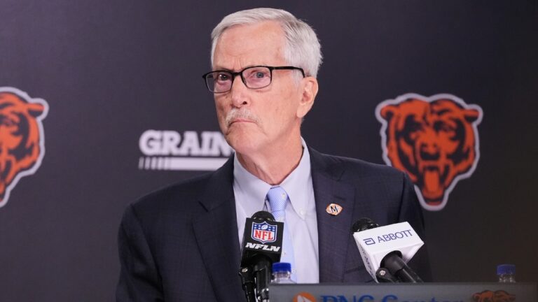 Chicago Bears Chairman George McCaskey addresses the team's ongoing stadium plans during a news conference Thursday, Aug. 13, 2026, in Lake Forest, Ill. (Nam Y. Huh/AP)