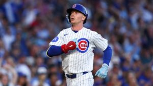 Chicago Cubs' Pete Crow-Armstrong gestures while reaching home plate after hitting a home run during the first inning of a baseball game against the Chicago White Sox in Chicago, Monday, Aug. 17, 2026. (Jessie Alcheh/AP)