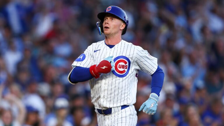 Chicago Cubs' Pete Crow-Armstrong gestures while reaching home plate after hitting a home run during the first inning of a game against the Chicago White Sox in Chicago, Monday, Aug. 17, 2026. (Jessie Alcheh/AP)