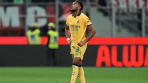 AC Milan's Christopher Nkunku reacts at the end of the Serie A soccer match between AC Milan and Atalanta in Milan, Italy, May 10, 2026. (Antonio Calanni/AP)