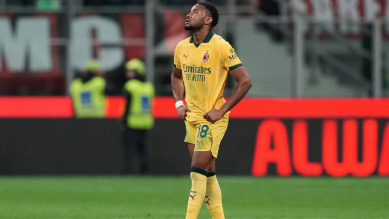 AC Milan's Christopher Nkunku reacts at the end of the Serie A soccer match between AC Milan and Atalanta in Milan, Italy, May 10, 2026. (Antonio Calanni/AP)