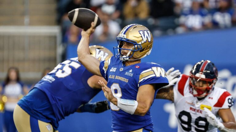 Winnipeg Blue Bombers quarterback Zach Collaros (8) throws during first half CFL football action against the Montreal Alouettes in Winnipeg on Friday, August 28, 2026. (John Woods/CP)