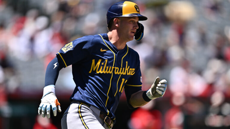 Milwaukee Brewers' Cooper Pratt runs after hitting a single during the fifth inning of a baseball game against the Los Angeles Angels, Sunday, Aug. 2, 2026, in Anaheim, Calif. (William Liang/AP)