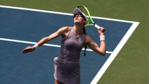 Canada's Kayla Cross serves to Britain's Katie Boulter during National Bank Open action in Toronto on Monday, August 3, 2026. (Chris Young/CP)