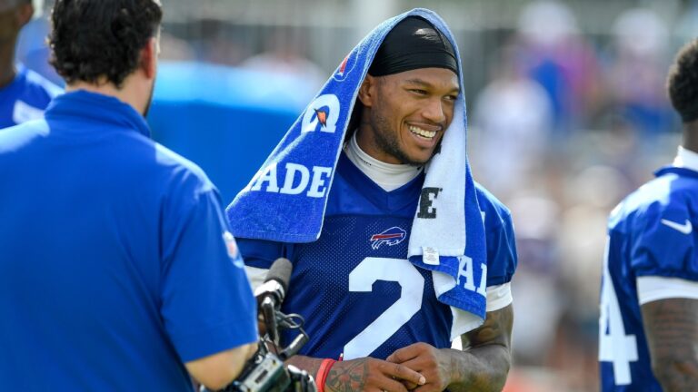 Buffalo Bills wide receiver DJ Moore (2) walks off the field after practice at the team's NFL football training camp Saturday, Aug. 1, 2026, in Pittsford, N.Y. (AP Photo/Adrian Kraus)