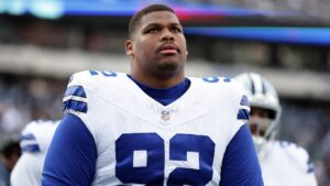Dallas Cowboys defensive tackle Quinnen Williams (92) walks off the field during an NFL football game against the New York Giants, Sunday, Jan. 4, 2026, in East Rutherford, N.J. (Adam Hunger/AP)
