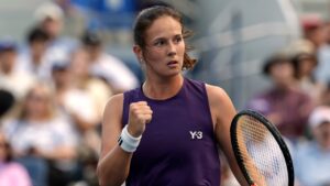 Daria Kasatkina, of Australia, reacts after winning a point over Kamilla Rakhimova during the second round of the U.S. Open tennis championships, Thursday, Aug. 28, 2025, in New York. (Adam Hunger/AP)