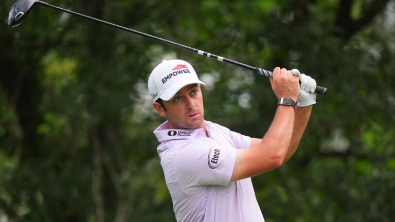 Davis Riley watches his tee shot on the ninth hole during the first round of the Charles Schwab Challenge golf tournament at Colonial Country Club in Fort Worth, Texas, Thursday, May 28, 2026. (LM Otero/AP)