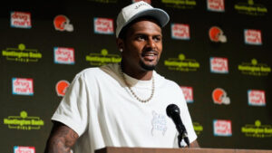 Cleveland Browns quarterback Deshaun Watson speaks at a press conference after an NFL preseason football game against the Buffalo Bills, Saturday, Aug. 22, 2026, in Cleveland. (Carolyn Kaster/AP)