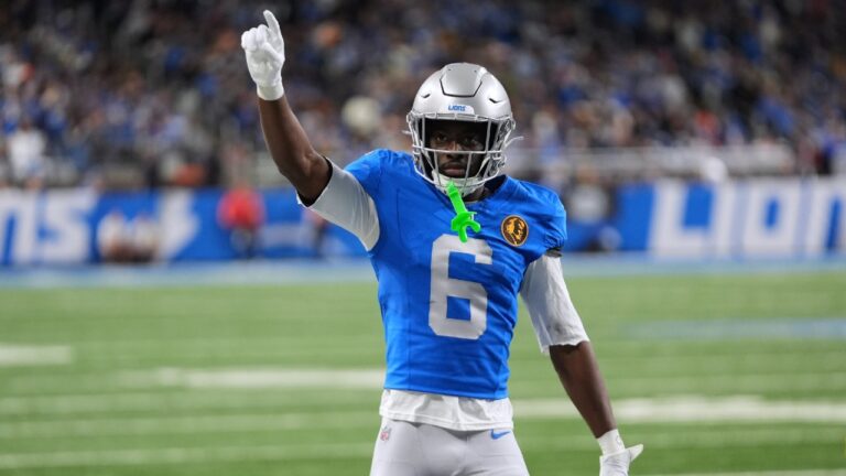 FILE - Detroit Lions cornerback Terrion Arnold reacts to a play against the Green Bay Packers during an NFL football game in Detroit, Nov. 27, 2025. (Paul Sancya/AP)