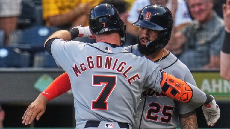 Detroit Tigers' Kevin McGonigle (7) celebrates with Gleyber Torres (25) after hitting a two-run home run off Pittsburgh Pirates pitcher Carmen Mlodzinski during the second inning of a baseball game in Pittsburgh, Monday, Aug. 17, 2026. (Gene J. Puskar/AP)