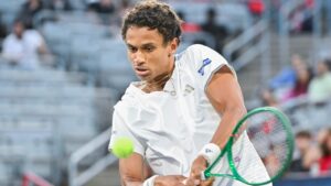Gabriel Diallo of Canada plays a shot to Kyrian Jacquet of France during their first round match at the National Bank Open tennis tournament in Montreal, on Monday, Aug. 3, 2026. (Graham Hughes/CP)