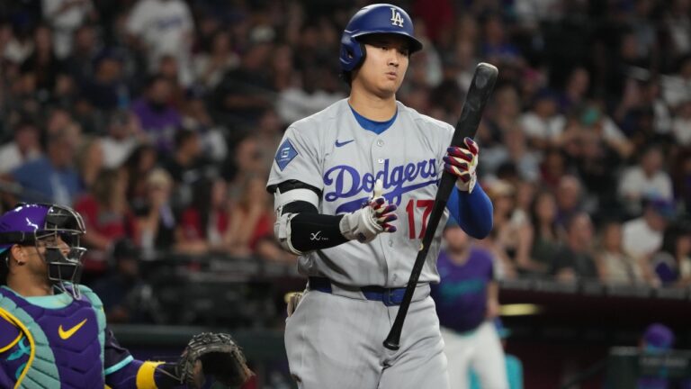 Los Angeles Dodgers two-way player Shohei Ohtani (17) in the first inning of a baseball game against the Arizona Diamondbacks, Friday, Aug 7, 2026, in Phoenix. (Rick Scuteri/AP)