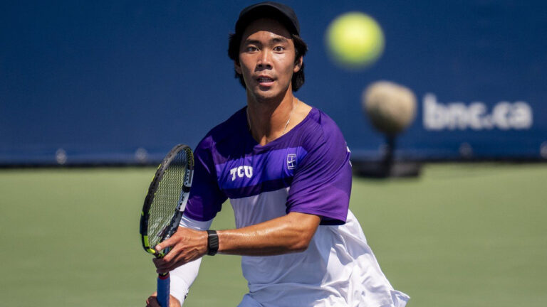 Duncan Chan from Canada returns the ball against Thiago Agustin Tirante of Argentina during their first round match on day three of the National Bank Open tennis tournament in Montreal on Tuesday, August 4, 2026. (Christopher Katsarov/CP)