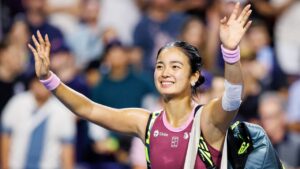 Alexandra Eala of the Philippines waves to the crowd after losing 6-4, 6-0, to Belinda Bencic of Switzerland during round of 16 National Bank Open Tennis action in Toronto, on Sunday, Aug. 9, 2026. (Keito Newman/CP)