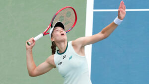 Kazakhstan's Elena Rybakina serves to American Ann Li during National Bank Open action in Toronto on Aug. 7, 2026. (Chris Young/CP)