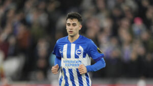 Facundo Buonanotte of Brighton runs into position during the English Premier League soccer match between West Ham United and Brighton and Hove Albion, at The London Stadium in London, Tuesday, Jan. 2, 2024. (Dave Shopland/AP)