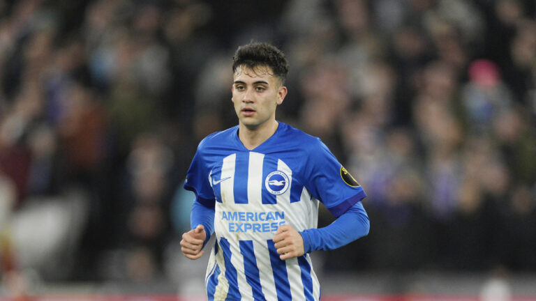 Facundo Buonanotte of Brighton runs into position during the English Premier League soccer match between West Ham United and Brighton and Hove Albion, at The London Stadium in London, Tuesday, Jan. 2, 2024. (Dave Shopland/AP)