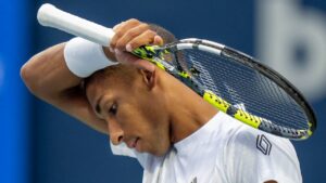 Felix Auger-Aliassime of Canada reacts during his loss to Fabian Marozsan of Hungary at the National Bank Open in Toronto on Wednesday July 30, 2025. (Frank Gunn/CP)