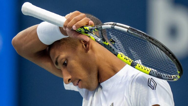 Felix Auger-Aliassime of Canada reacts during his loss to Fabian Marozsan of Hungary at the National Bank Open in Toronto on Wednesday July 30, 2025. (Frank Gunn/CP)