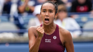 Canada's Leylah Fernandez celebrates a point during her 6-1 6-4 win over Mirra Andreeva during National Bank Open tennis action in Toronto, on Friday, Aug. 7, 2026. (Chris Young/CP)