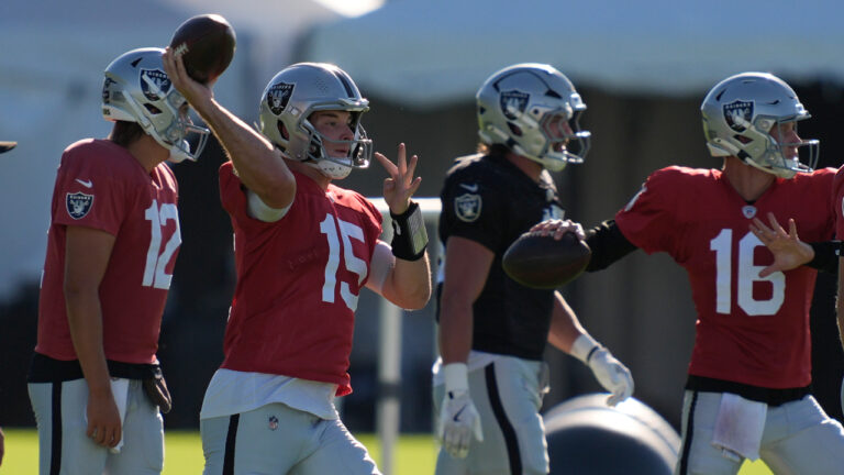Las Vegas Raiders quarterback Fernando Mendoza (15) throws during practice at the team's NFL football training camp Tuesday, Aug. 4, 2026, in Henderson, Nev. (John Locher/AP)