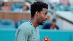 Gael Monfils, of France, reacts during his match against Fabian Marozsan, of Hungary, at the Miami Open tennis tournament, Wednesday, March 19, 2025, in Miami Gardens, Fla. (Lynne Sladky/AP)