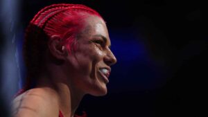 Gillian Robertson in a women's strawweight title fight at the UFC 330 mixed martial arts event. (Derik Hamilton/AP)