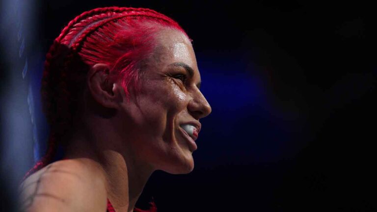 Gillian Robertson in a women's strawweight title fight at the UFC 330 mixed martial arts event. (Derik Hamilton/AP)
