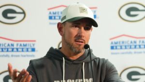 Green Bay Packers head coach Matt LaFleur responds to a question during a news conference after an NFL preseason football game against the Denver Broncos Friday, Aug. 21, 2026, in Denver. (David Zalubowski/AP)
