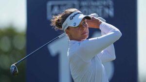 Esther Henseleit, of Germany, drives off the 16th tee during the third round of the Women's British Open golf championship in Lytham St Annes, England. (Jon Super/AP)
