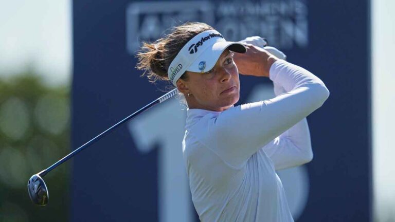 Esther Henseleit, of Germany, drives off the 16th tee during the third round of the Women's British Open golf championship in Lytham St Annes, England. (Jon Super/AP)

