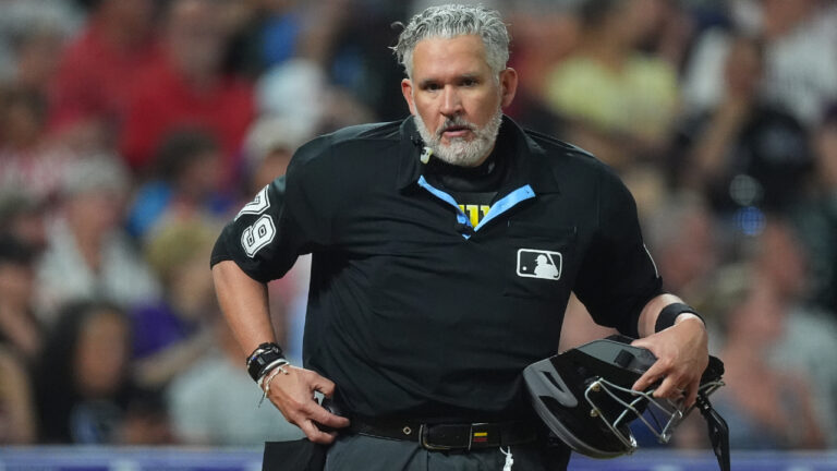 Home plate umpire Manny Gonzalez (79) in the ninth inning of a baseball game on Saturday, July 4, 2026, in Denver. (David Zalubowski/AP)